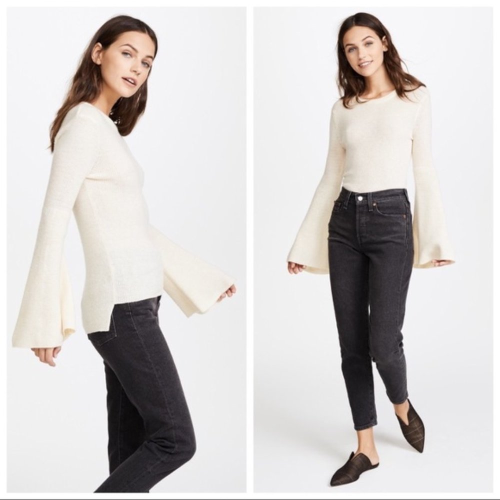 J.O.A. Rib Knit Top Bell Sleeve High Low Pullover Size L